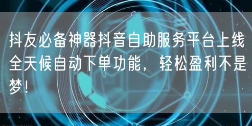抖友必备神器抖音自助服务平台上线全天候自动下单功能，轻松盈利不是梦！